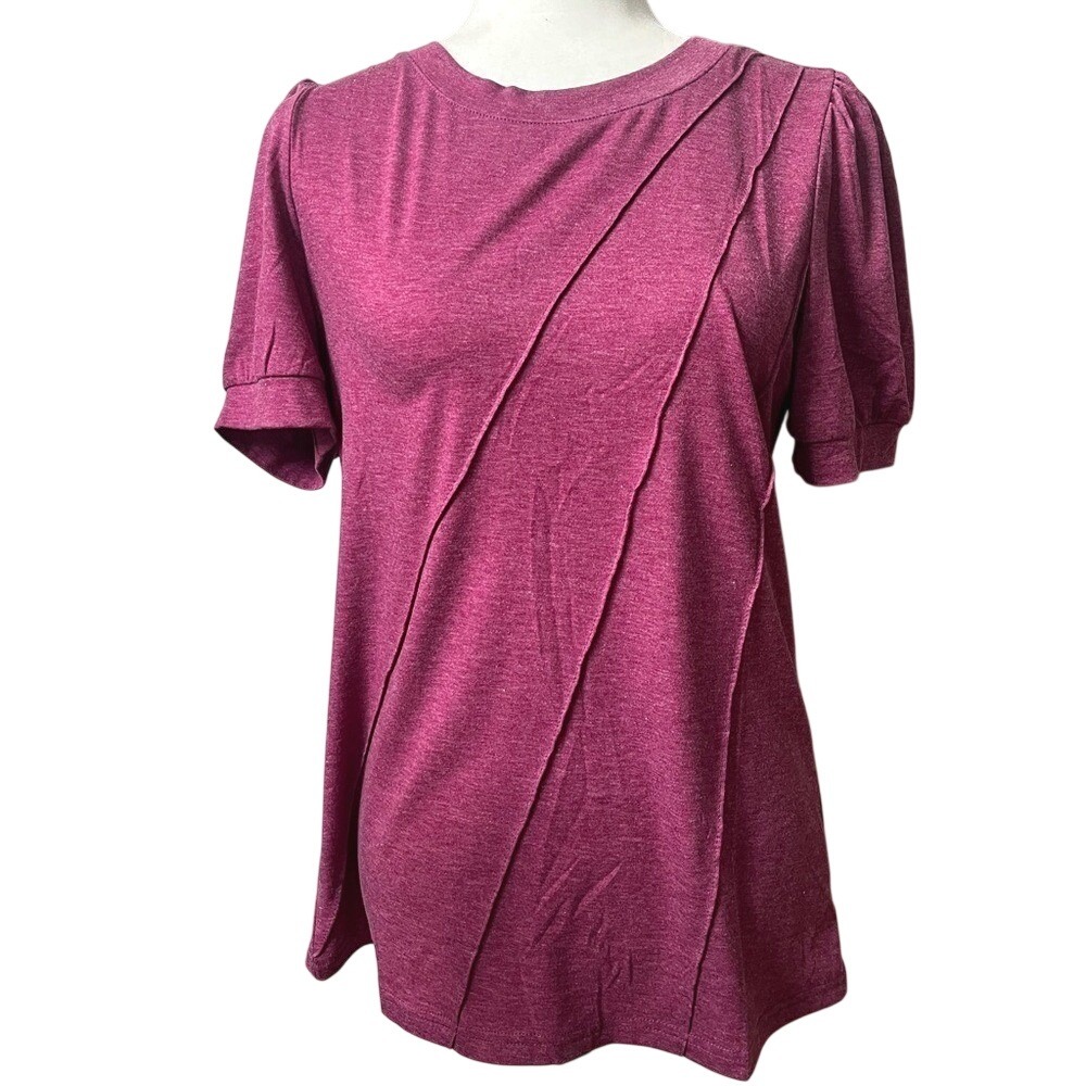 Short Sleeve Knit Top Diagonal Seam Detail Womens Small Raspberry Pink Stretchy